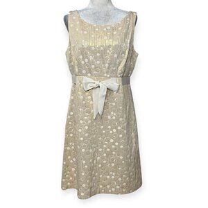 Jessica Howard Gold Metallic Polka Dot Dress 14 Sleeveless Bow Waist Party